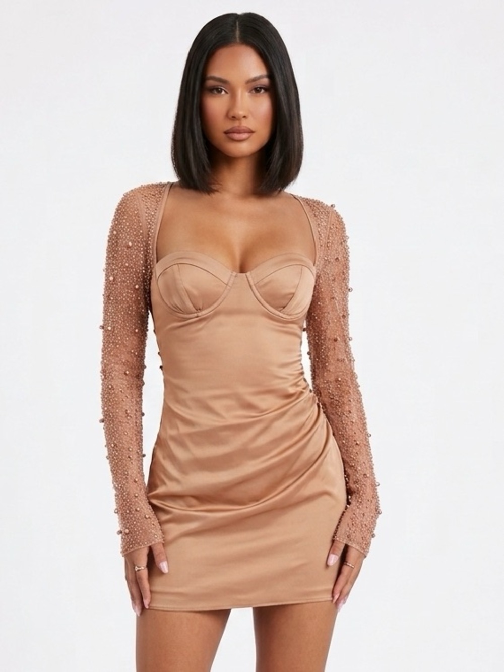 OH POLLY NWT Geneva Beaded Mesh Sleeve Corset Mini Dress 4 - Picture 1 of 7